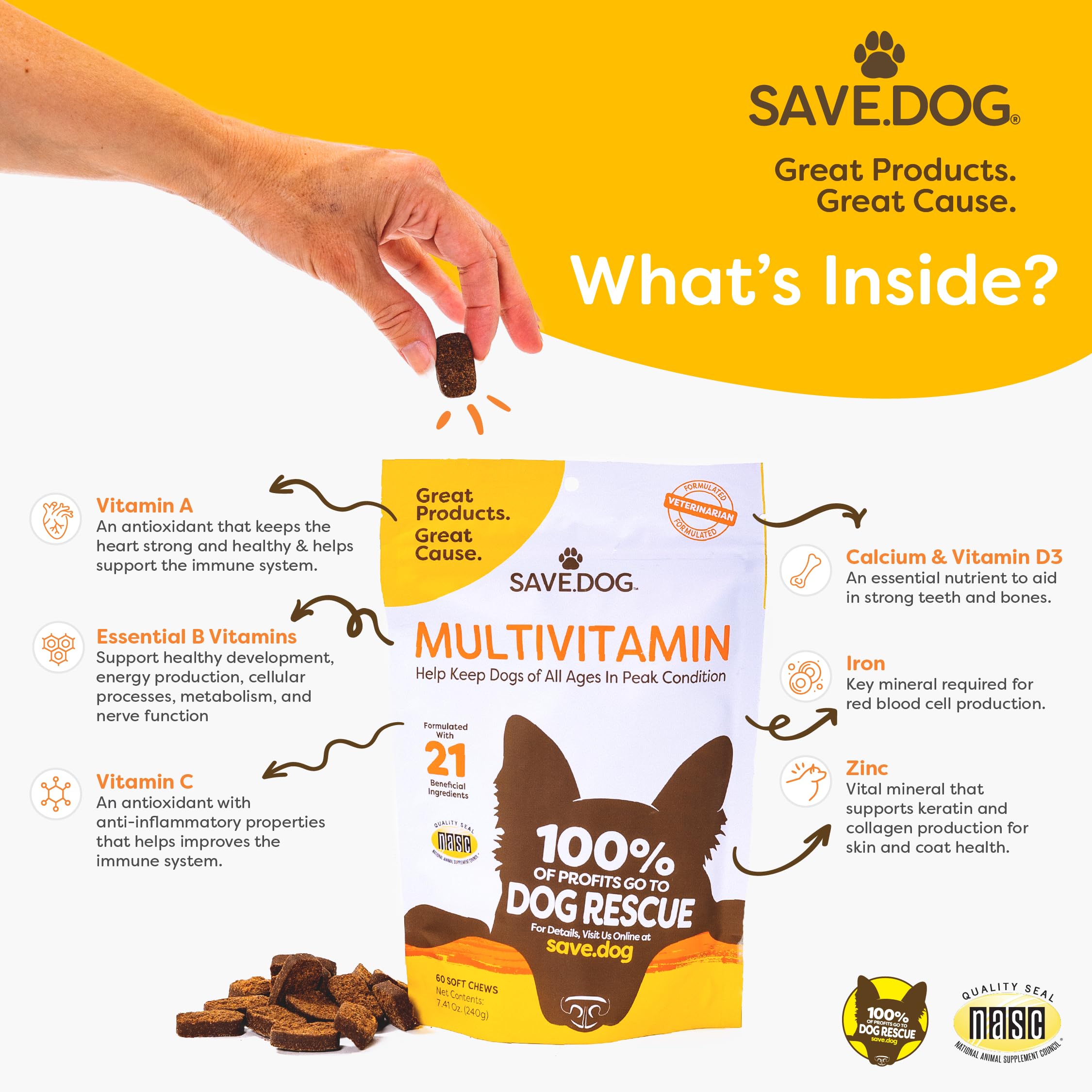 SAVE.DOG Chewable Dog Multivitamin - Dog Vitamins and Supplements – with Amino Acids and Antioxidants to Support Immunity Energy and Wellness - Dog Supplement with a Cause (60 Chews)