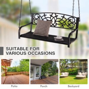 Tangkula 2 Person Porch Swing, Hanging Patio Swing Bench with Chains, Backrest & Armrests, Classic Outdoor Metal Swing Chair with Floral Pattern for Garden, Deck, Backyard (Brown)