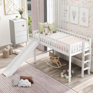 Majnesvon Twin Loft Bed with Slide,Wood Loft Bed Low Profile for Boys Girls, Built-in Ladder and Guard Rail,No Box Spring Needed