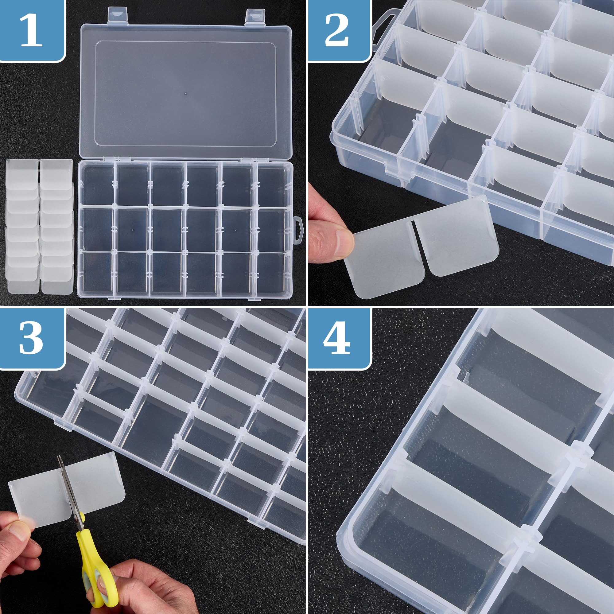 36 Grid Clear Plastic Organizer - Pack of 2- Bead Storage, Craft Organizer, DIY Small Parts Organizer, Jewelry Box, Fishing Tackle Box, Sewing, Nail Storage w/Adjustable Dividers & 5 Sticker Labels