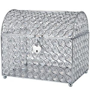 mdluu wedding card holder box, treasure chest wedding money box with heart shaped lock, crystal bead card receiving box for wedding, birthday, graduation (silver)