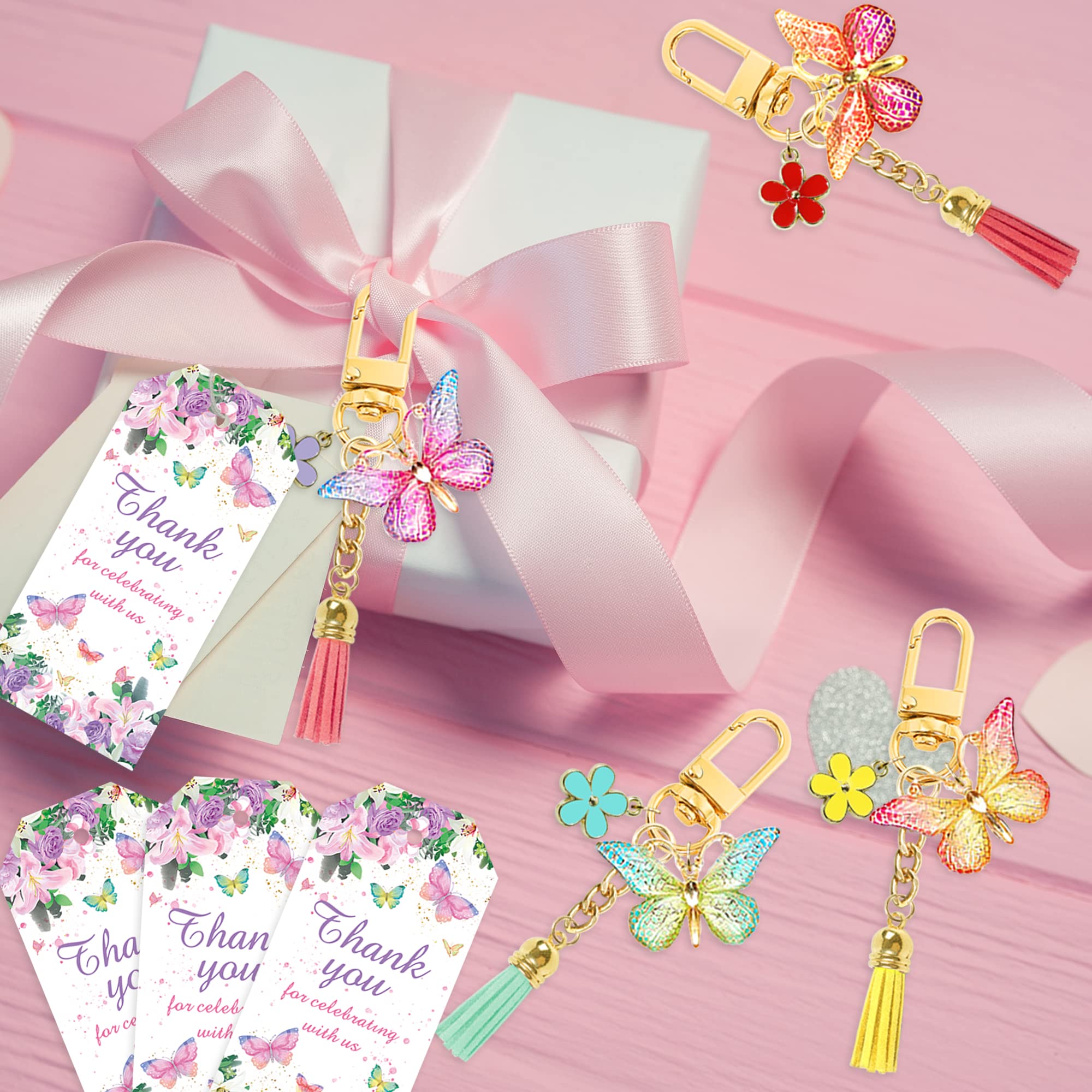 12 Sets Butterfly Party Favors Tassel Keychain Fairy Party Decorations with Laser Butterfly Flower Gauze Bag Thank You Cards for Butterfly Theme Birthday Party Baby Shower Goodie Bag Decor (Butterfly)