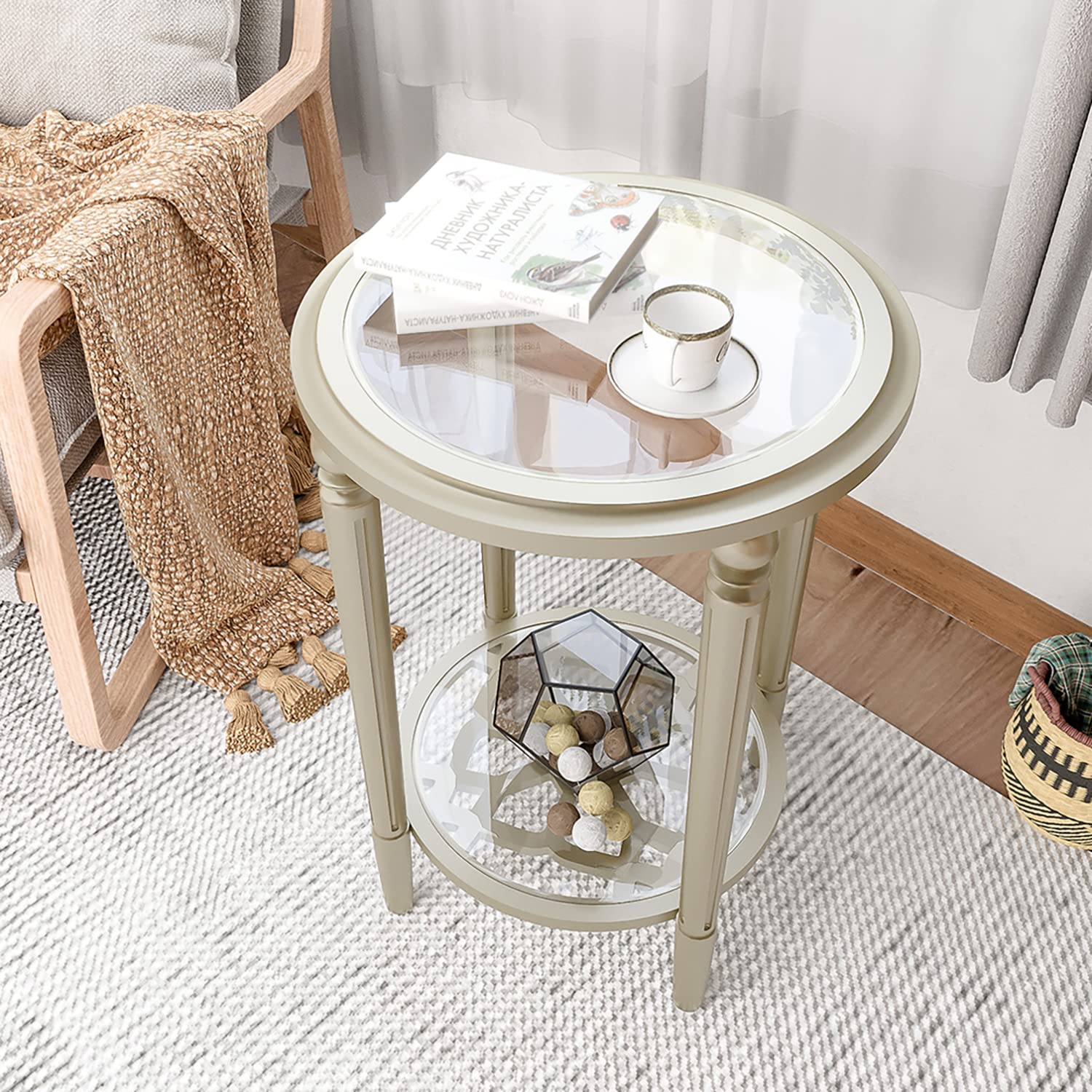 HOMPUS Modern End Table w Glass Top & Glass Shlef, 2 Tier Round Nightstand w Shlef, Wood Side Table Glass Small Accent Table for Living Room, Bedroom, Champagne