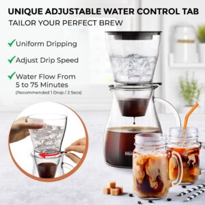 Mueller QuickBrew Smooth Cold Brew Coffee and Tea Maker 47 oz, Dripper Iced Coffee Brewer Maker with Adjustable Water Flow, Stainless Steel Filter, Borosilicate Glass Carafe