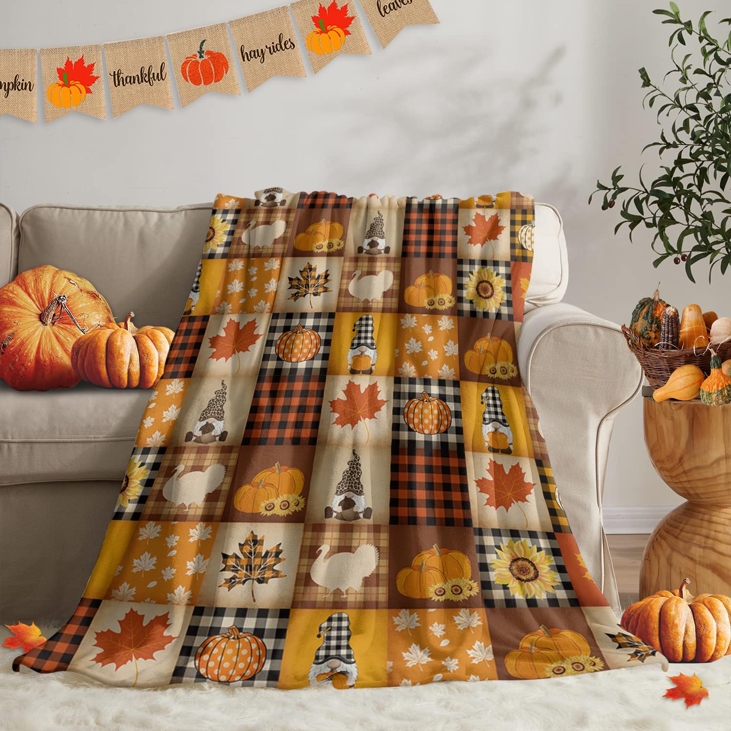 Chucoco Thanksgiving Blankets Fleece Throw Blanket 40x60In, Fall Pumpkin Maple Leaf Dwarf Soft Plush Flannel Blankets Vintage Check Lightweight Fuzzy Bed Throws for Couch/Sofa/Chair