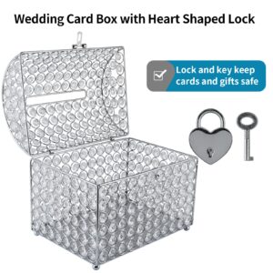 MDLUU Wedding Card Holder Box, Treasure Chest Wedding Money Box with Heart Shaped Lock, Crystal Bead Card Receiving Box for Wedding, Birthday, Graduation (Silver)