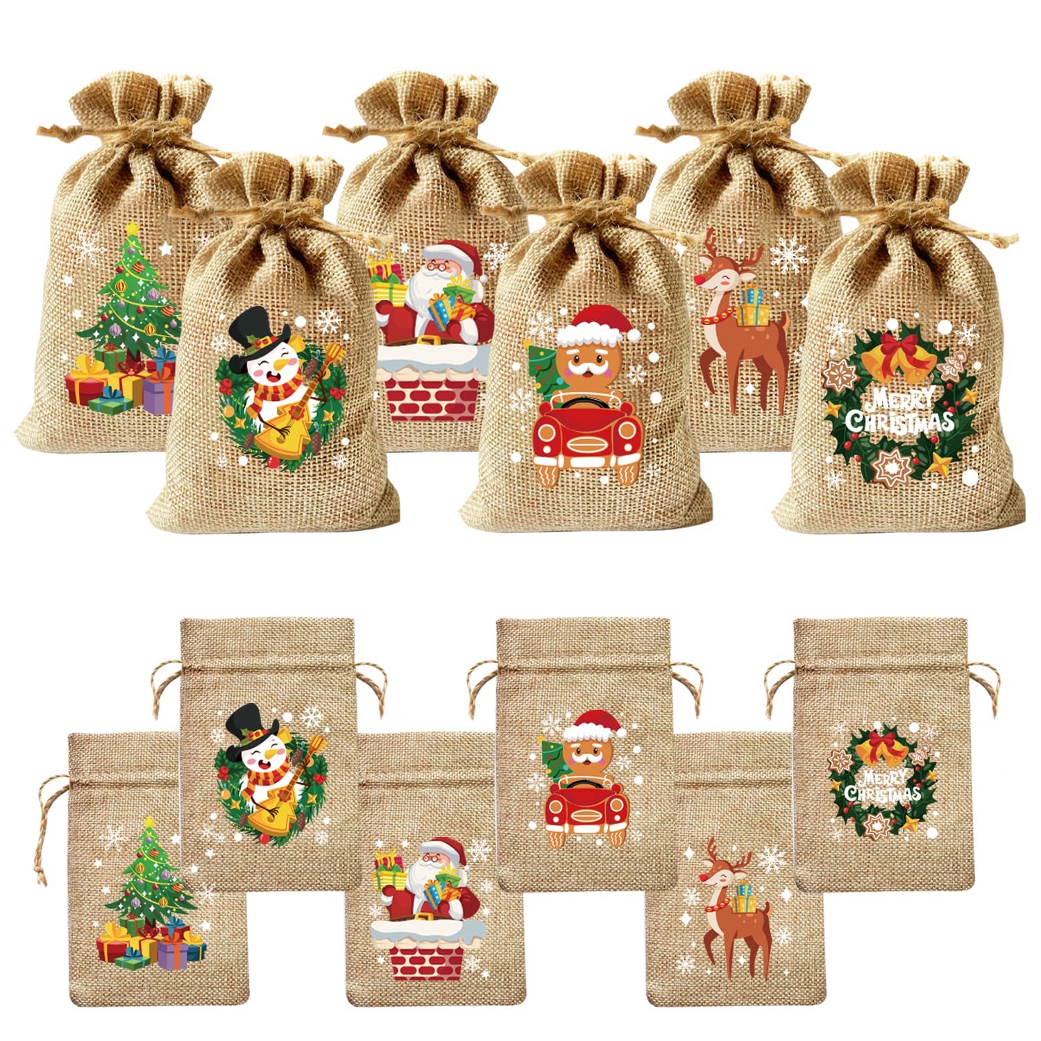 LOMIMOS 36PCS Christmas Burlap Drawstring Bags，Xmas Reusable Linen Jute Gift Goody Candy Wrapping Treat Bags for Snacks Holiday Party Favor Supply(4x6in)