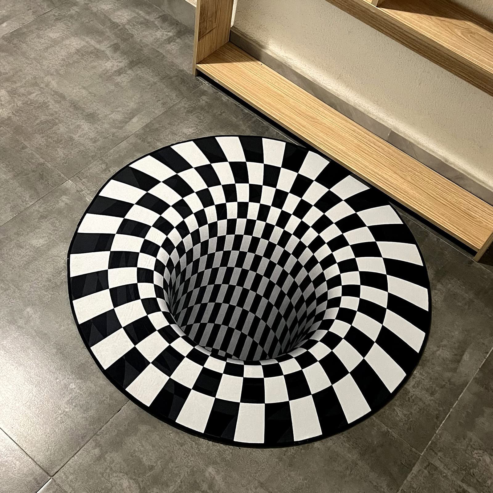 Wemune 3D Carpet Bottomless Hole Optical Illusion Area Rug, Black and White Plaid Rug, Checkered Optical Illusions Rug, for Dining Room Carpet Home Bedroom Floor Mat,2,47 * 47 inch