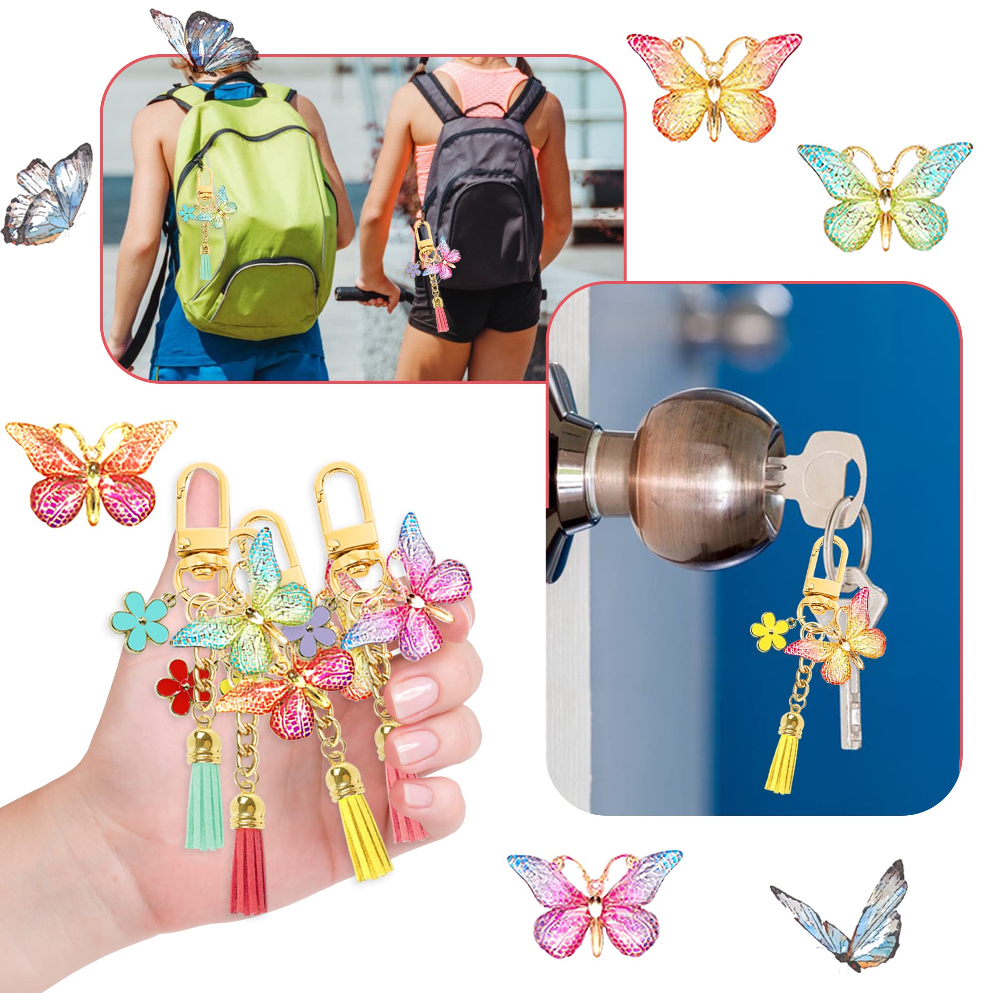 12 Sets Butterfly Party Favors Tassel Keychain Fairy Party Decorations with Laser Butterfly Flower Gauze Bag Thank You Cards for Butterfly Theme Birthday Party Baby Shower Goodie Bag Decor (Butterfly)