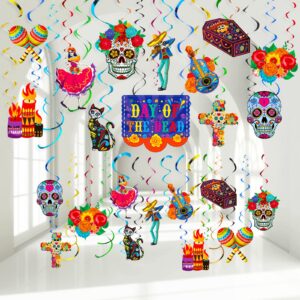 30 pcs day of the dead foil swirls decorations halloween sugar skull flowers ceiling hanging swirls dia de los muertos party favors supplies for halloween birthday skull mexican party (novel style)