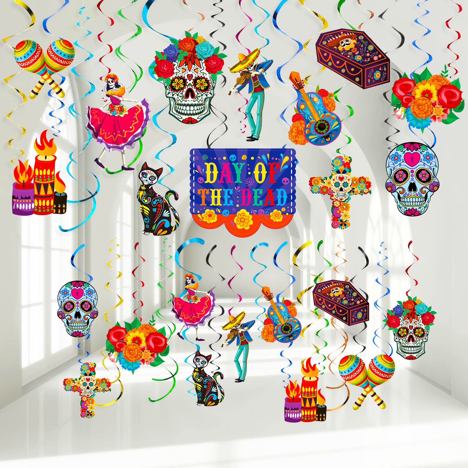 30 pcs Day of The Dead Foil Swirls Decorations Halloween Sugar Skull Flowers Ceiling Hanging Swirls Dia de los Muertos Party Favors Supplies for Halloween Birthday Skull Mexican Party (Novel Style)