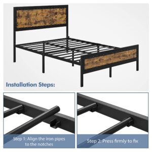 Yaheetech Full Bed Frame Metal Bed with Rivet Design Wooden Headboard&Footboard, Modern Rustic Style/No Box Spring Needed/Easy Assembly, Rustic Brown Full Bed