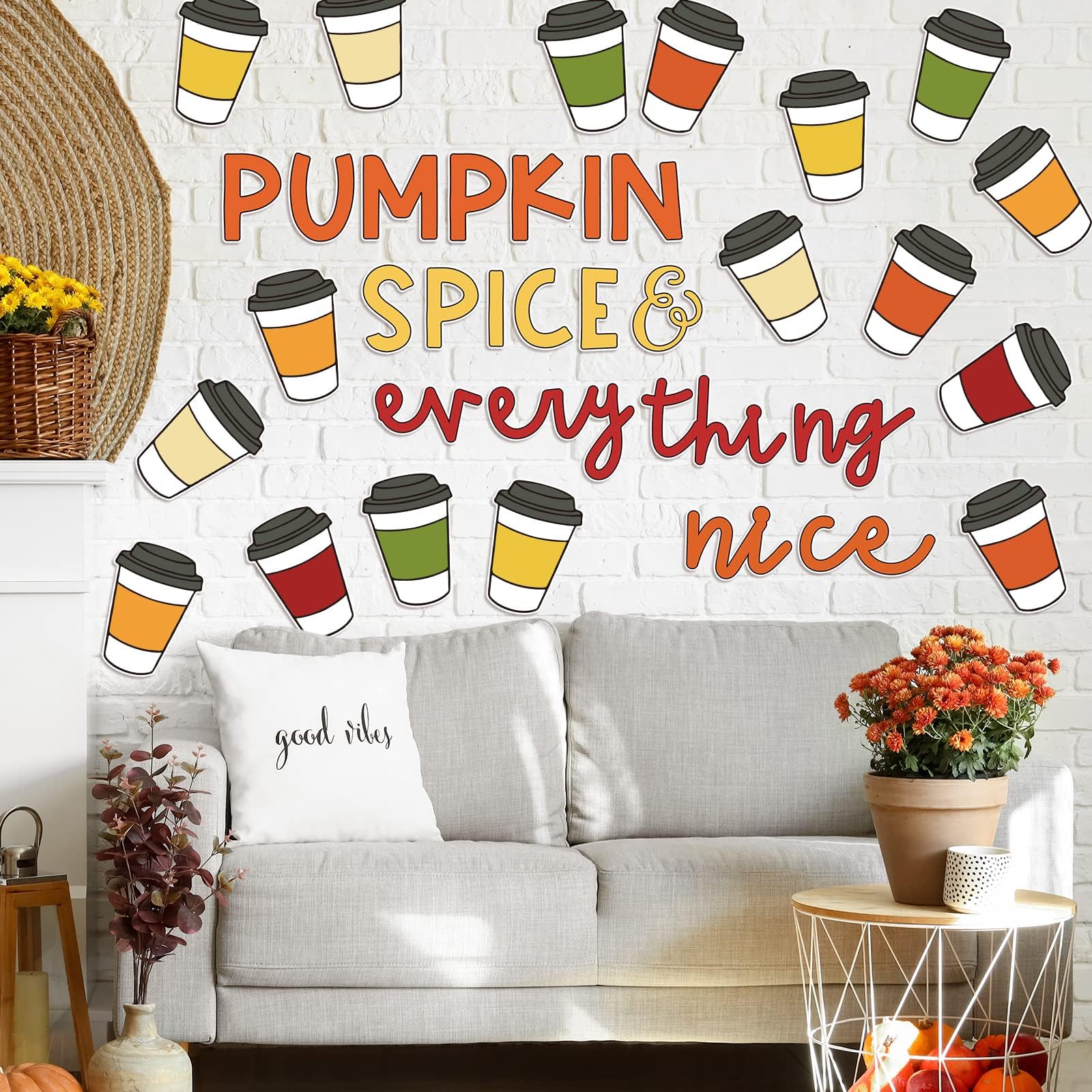 AnyDesign 50Pcs Fall Letter Coffee Cup Cutouts with 100Pcs Glue Points Pumpkin Spice & Everything Nice Cardboard Cut-Outs Muticolor Coffee Cup Paper Cutting for Office Home Autumn Theme Party Decor