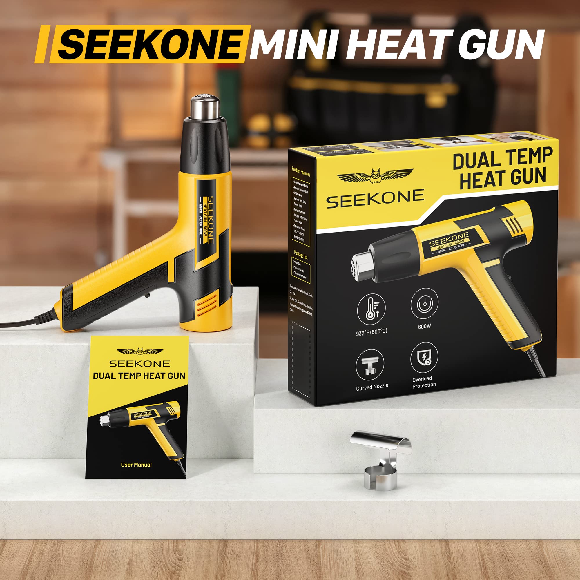 SEEKONE Mini Heat Gun, 600W Dual Temperature Hot Air Gun Tool 572℉&932℉, With 4.9Ft Long Cable and Overheat Protection for Crafts, Embossing, Paint Stripping, Shrink Wrap, and Heat Shrink Tube