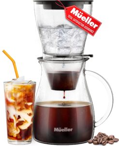 mueller quickbrew smooth cold brew coffee and tea maker 47 oz, dripper iced coffee brewer maker with adjustable water flow, stainless steel filter, borosilicate glass carafe