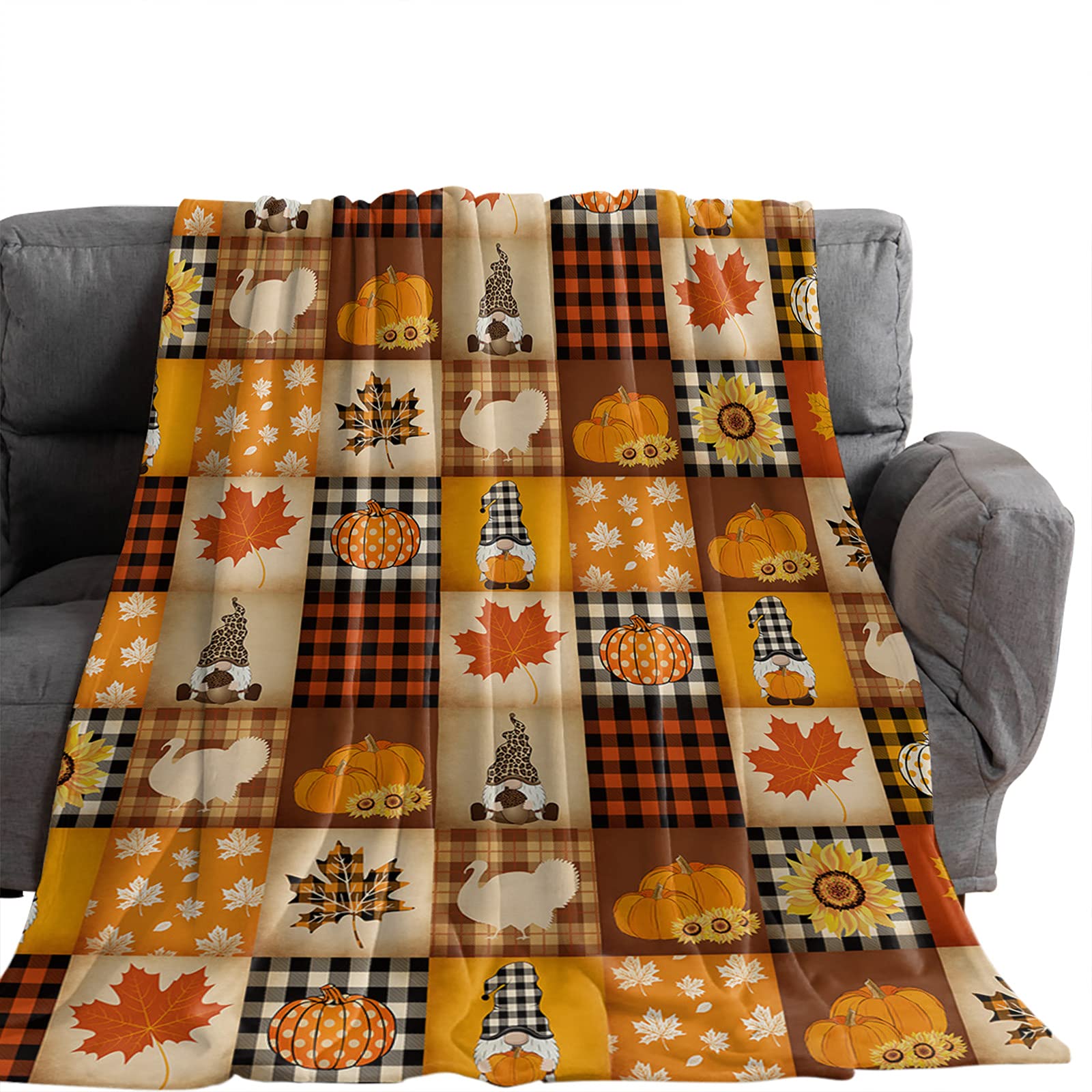 Chucoco Thanksgiving Blankets Fleece Throw Blanket 40x60In, Fall Pumpkin Maple Leaf Dwarf Soft Plush Flannel Blankets Vintage Check Lightweight Fuzzy Bed Throws for Couch/Sofa/Chair