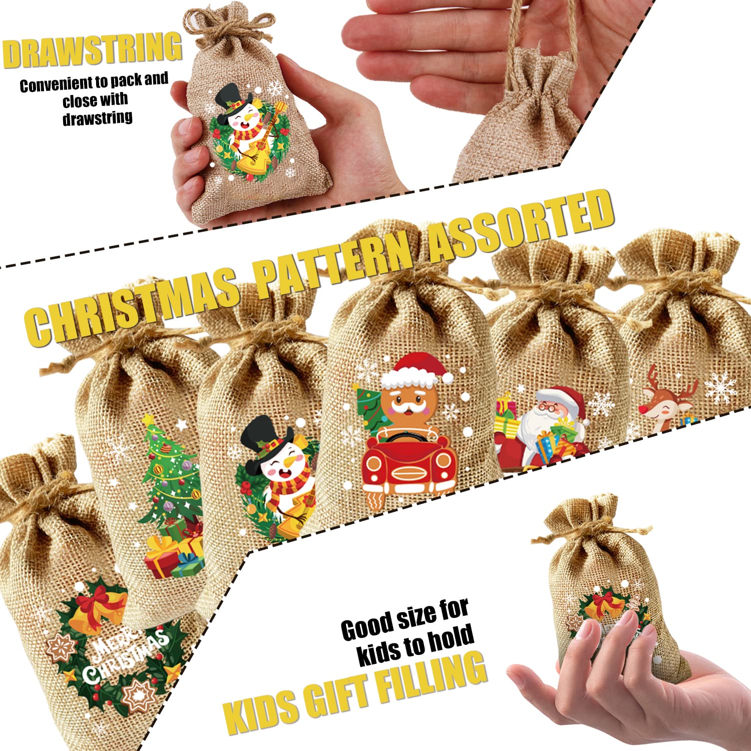 LOMIMOS 36PCS Christmas Burlap Drawstring Bags，Xmas Reusable Linen Jute Gift Goody Candy Wrapping Treat Bags for Snacks Holiday Party Favor Supply(4x6in)