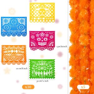 Cindeer 35 Pack Day of The Dead Decoration Mexican Party Banners Include 30 Pack Papel Picado Banner Fiesta Hanging Flags 5 Pcs 5 Feet Marigold Garland Flowers Fiesta Dia De Los Muertos Decor