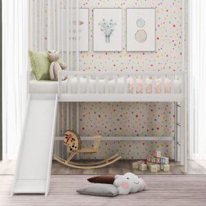 Majnesvon Twin Loft Bed with Slide,Wood Loft Bed Low Profile for Boys Girls, Built-in Ladder and Guard Rail,No Box Spring Needed