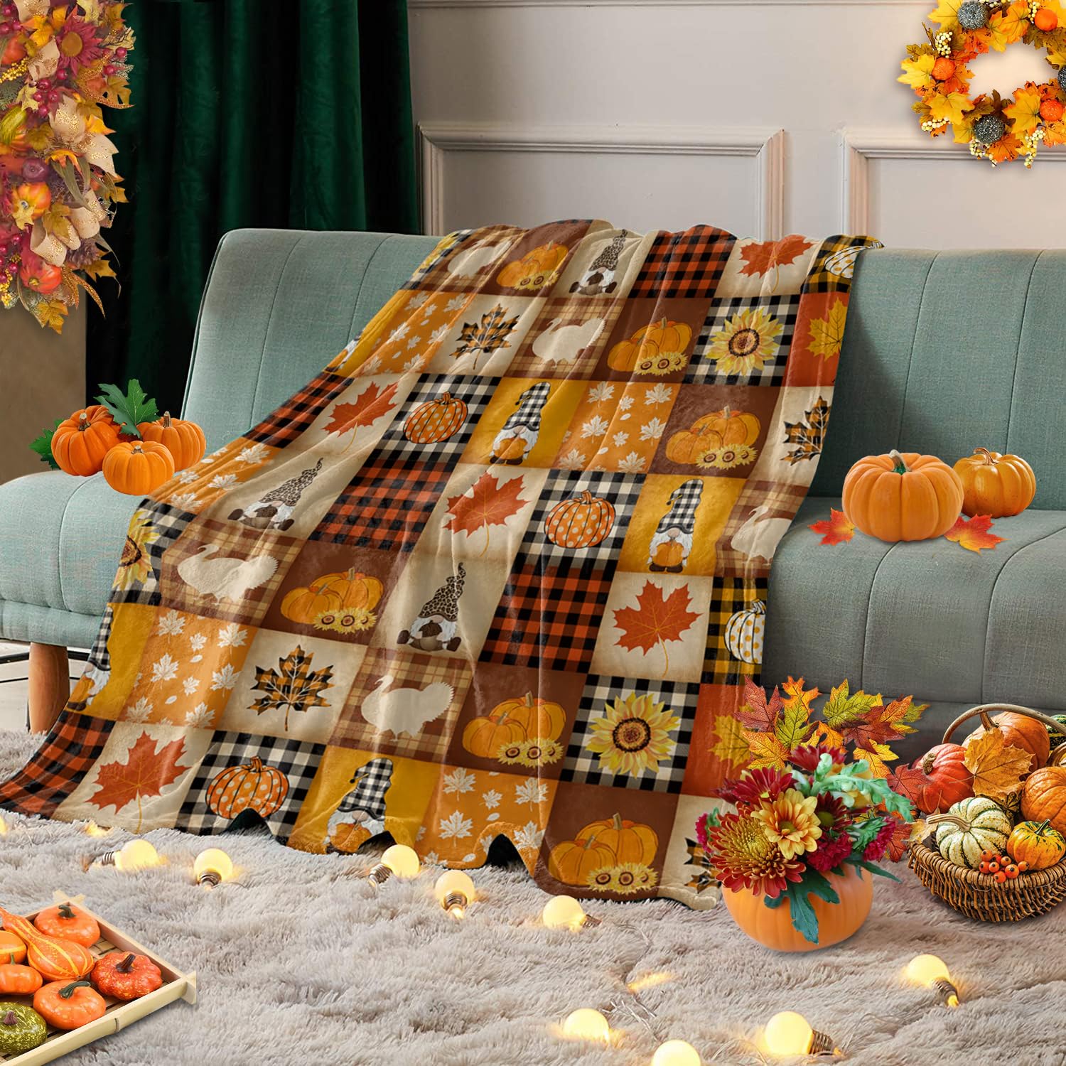 Chucoco Thanksgiving Blankets Fleece Throw Blanket 40x60In, Fall Pumpkin Maple Leaf Dwarf Soft Plush Flannel Blankets Vintage Check Lightweight Fuzzy Bed Throws for Couch/Sofa/Chair