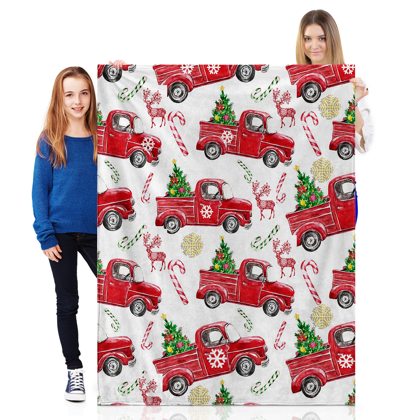 Sofevaim Christmas Blanket Red Truck Christmas Decorations, Bedding Sofa Bed Throw Fluffy Flannel Blanket with Xmas Tree Snowflake Deer Elk New Year Decor Xmas Gift Blankets for Kids Adult 60'' x 50''