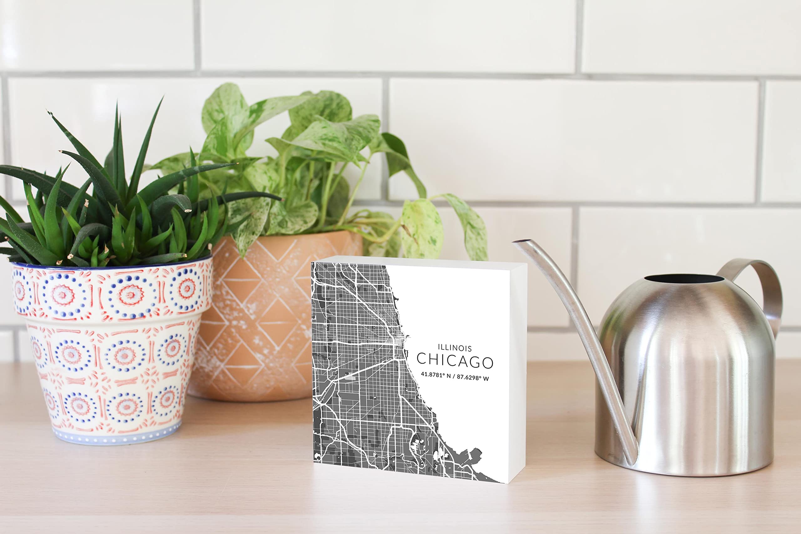 Minimalistic Chicago Map, JoyRide Home Decor Wood Block Sign, 5"x5" Freestanding, Shelf or Wall Displayed, Artist Designed Home Décor.