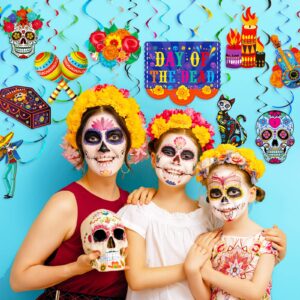 30 pcs Day of The Dead Foil Swirls Decorations Halloween Sugar Skull Flowers Ceiling Hanging Swirls Dia de los Muertos Party Favors Supplies for Halloween Birthday Skull Mexican Party (Novel Style)