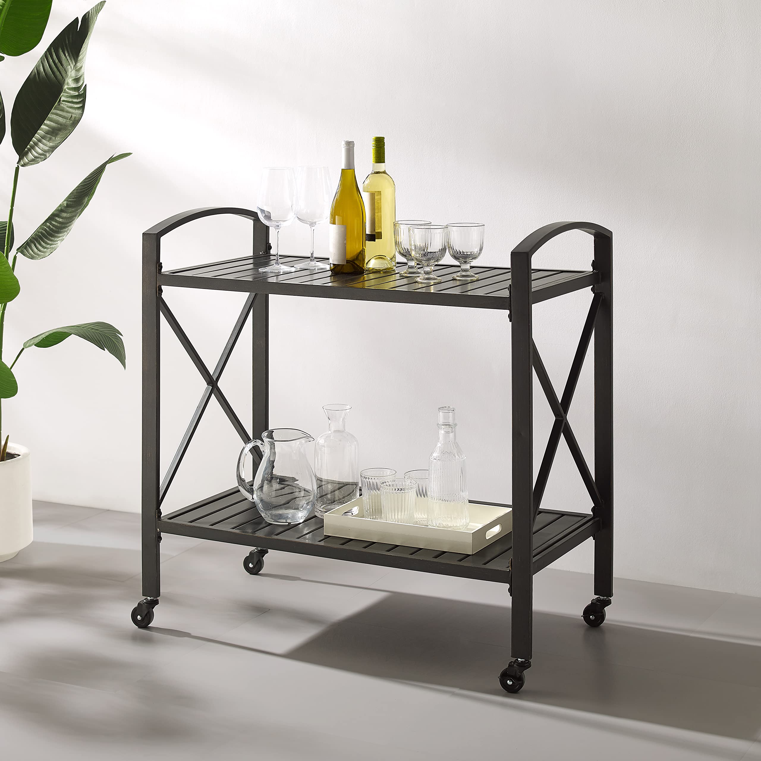 Crosley Furniture Kaplan Rolling Metal Outdoor Bar Cart for Backyard, Pool, Patio, Deck, Oil-Rubbed Bronze