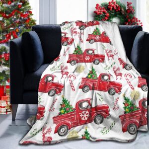 Sofevaim Christmas Blanket Red Truck Christmas Decorations, Bedding Sofa Bed Throw Fluffy Flannel Blanket with Xmas Tree Snowflake Deer Elk New Year Decor Xmas Gift Blankets for Kids Adult 60'' x 50''