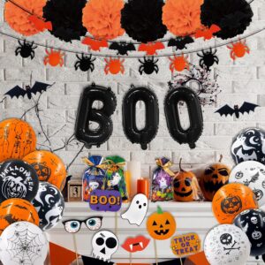 Party Spot! 120 Pcs Halloween Party Decorations, 5 Ft Jumbo Foil Balloon, Happy Halloween Banner, 60 pcs Balloons, Treat or Trick Goodie Bags, Spider Bat Banner,Foil Curtains, Halloween Party Supplies