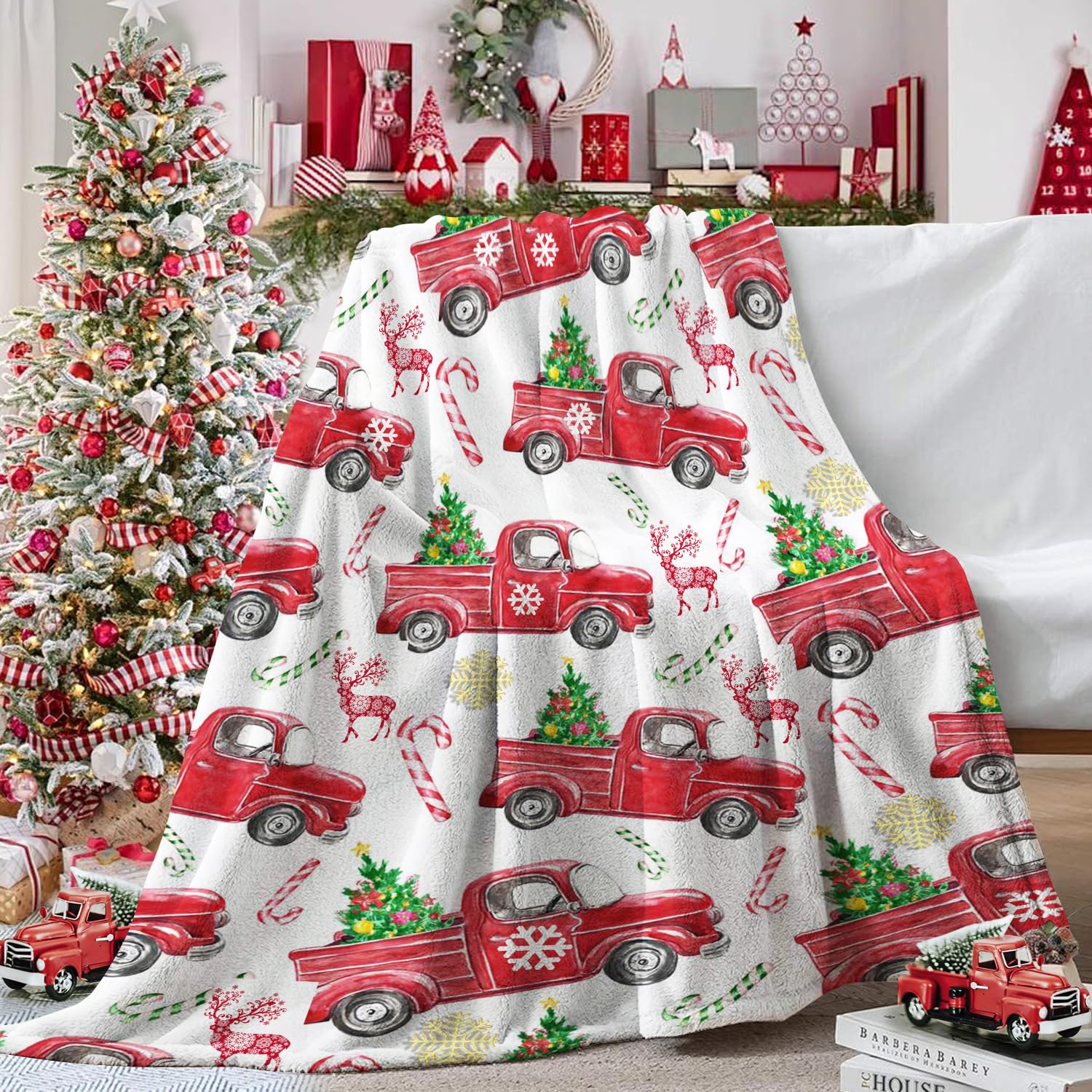 Sofevaim Christmas Blanket Red Truck Christmas Decorations, Bedding Sofa Bed Throw Fluffy Flannel Blanket with Xmas Tree Snowflake Deer Elk New Year Decor Xmas Gift Blankets for Kids Adult 60'' x 50''