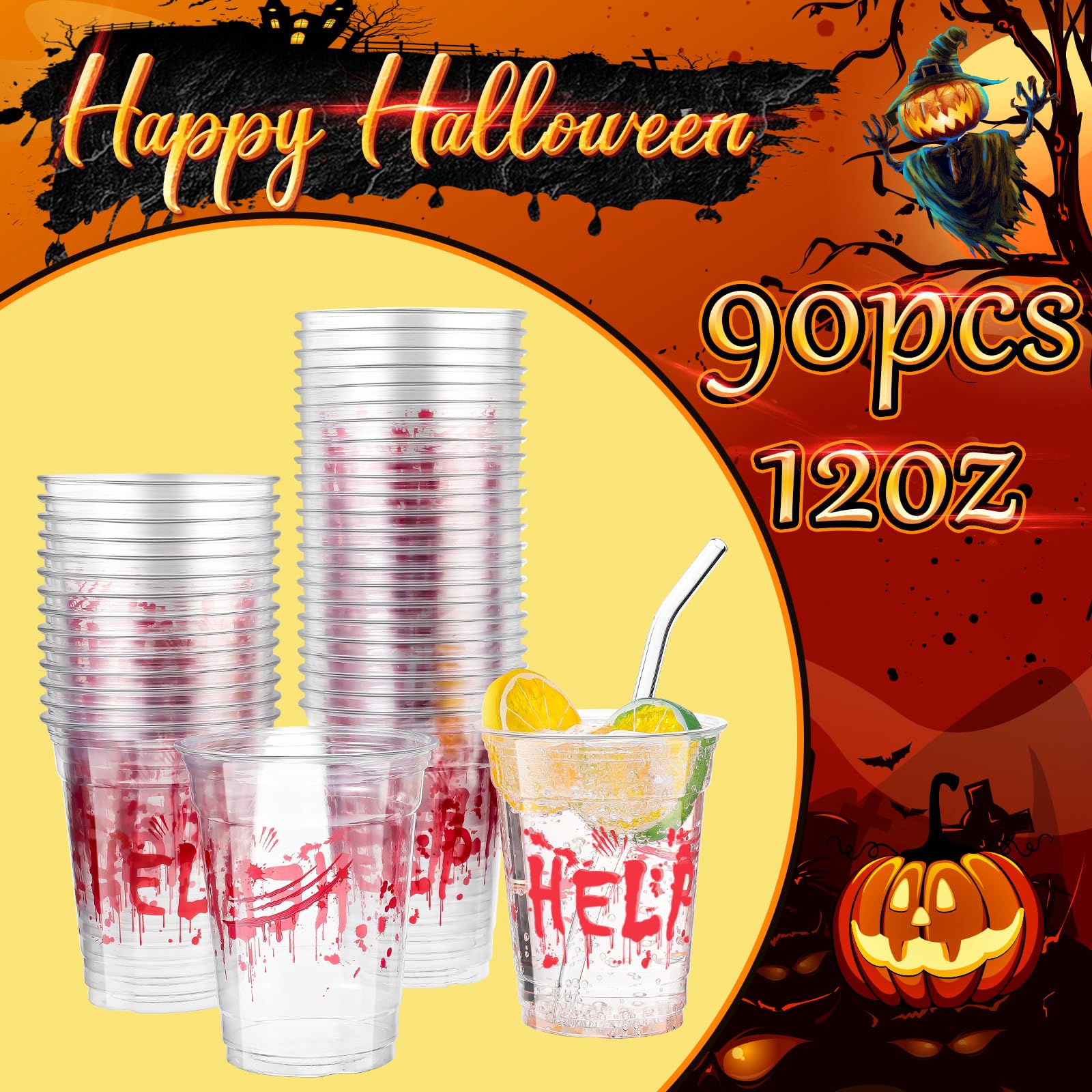 Meanplan 90 Pcs 12 oz Halloween Plastic Party Cups Disposable Clear Cups Scary Printed Party Cups Happy Halloween Cups for Liquor Coffee Juice and Hot Cold Drinks Party Supplies (Scary Style)