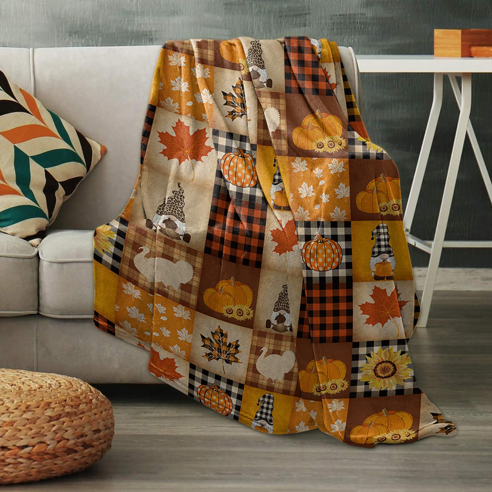 Chucoco Thanksgiving Blankets Fleece Throw Blanket 40x60In, Fall Pumpkin Maple Leaf Dwarf Soft Plush Flannel Blankets Vintage Check Lightweight Fuzzy Bed Throws for Couch/Sofa/Chair