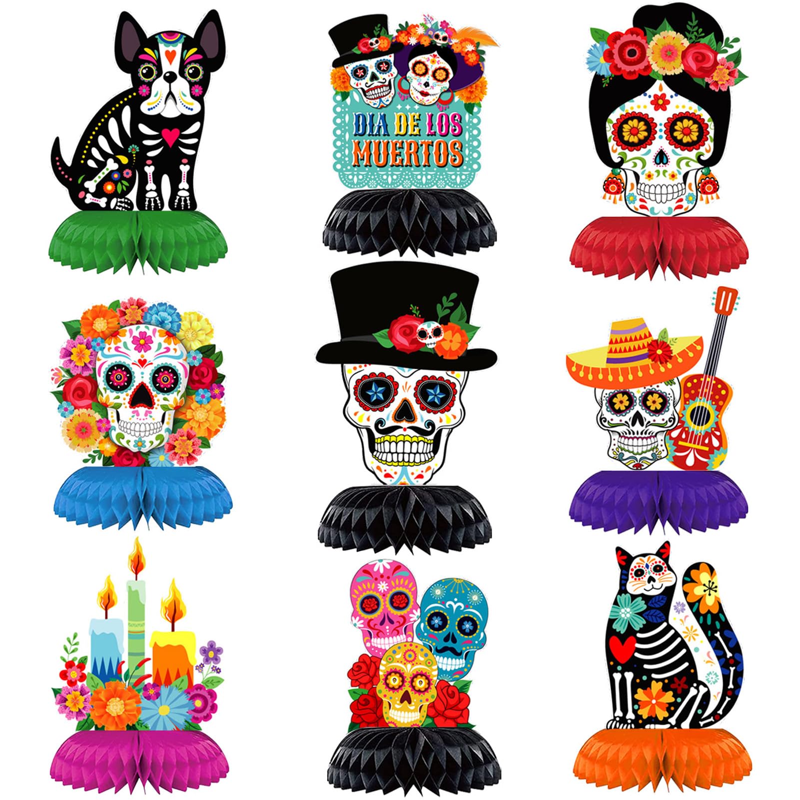 Day of The Dead Decorations 9 Pieces Dia De Los Muertos Honeycomb Table Toppers Cutouts Sugar Skull Flowers Centerpieces Day of the Dead Decor Mexican Party Supplies