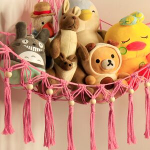 Stuffed Animal Storage Hammock Corner with LED Light - Toy Hanging Organizer Plushie Net - Pink Room Decor for Teen Girls - Cute Bedroom Aesthetic Nursery Kids Baby Toddler