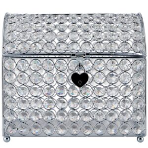 MDLUU Wedding Card Holder Box, Treasure Chest Wedding Money Box with Heart Shaped Lock, Crystal Bead Card Receiving Box for Wedding, Birthday, Graduation (Silver)