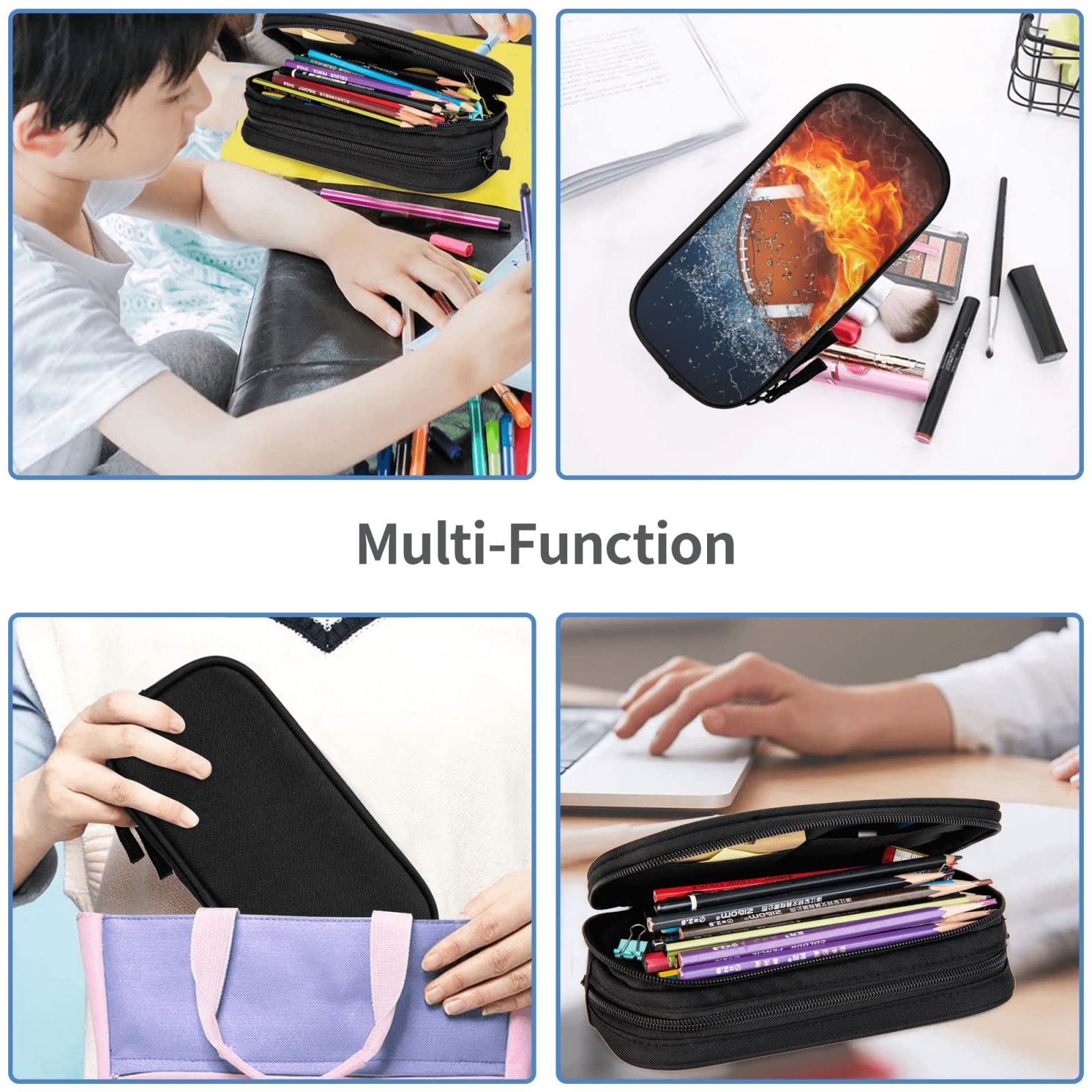 SNAPMADE Sports-Themed Pencil Case with Football for Boys Girls, Big Capacity Black Pencil Pouch, Cool Pencil Bag with Zipper Portable Travel Storage Box Desk Pen Bag for Office