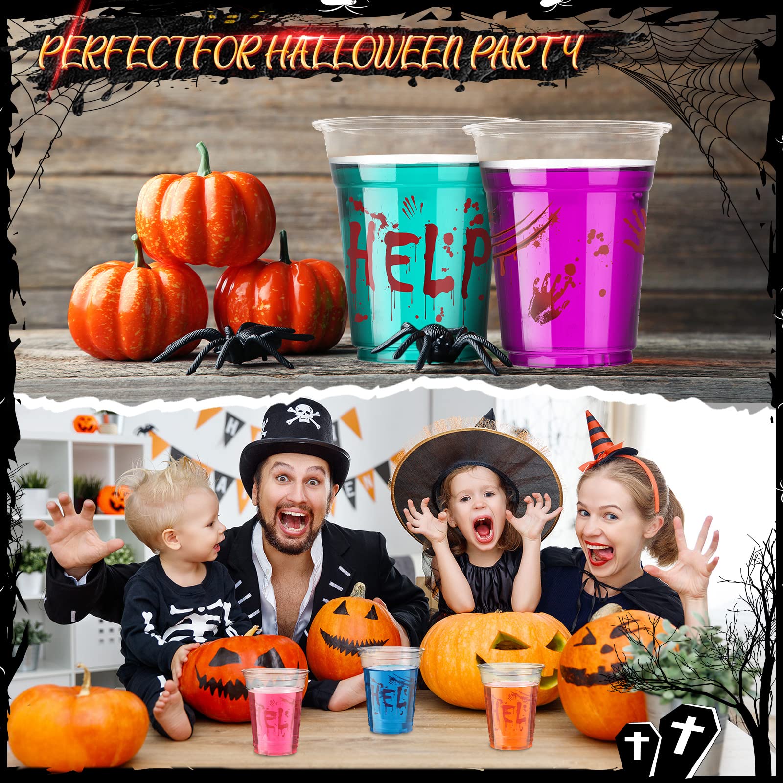 Meanplan 90 Pcs 12 oz Halloween Plastic Party Cups Disposable Clear Cups Scary Printed Party Cups Happy Halloween Cups for Liquor Coffee Juice and Hot Cold Drinks Party Supplies (Scary Style)