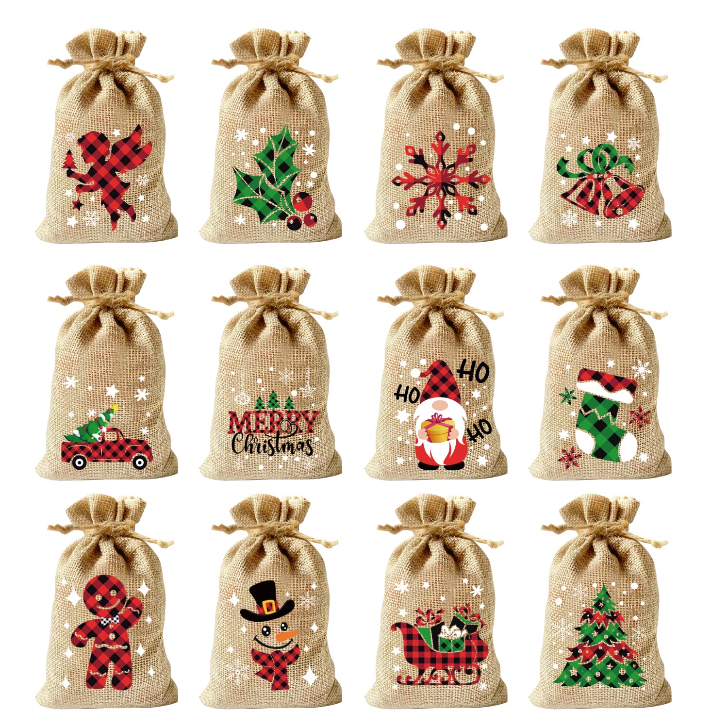 KIMOBER 36PCS Christmas Burlap Gift Bags,Jute Linen Treat Candy Bag with Double Drawstrings for Xmas Party Favor