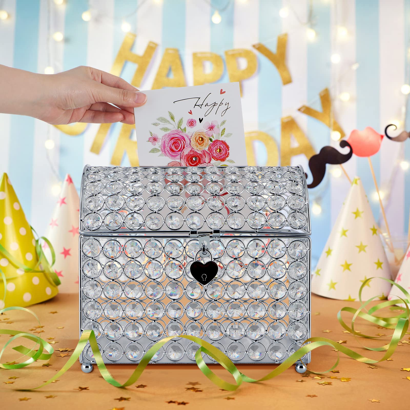 MDLUU Wedding Card Holder Box, Treasure Chest Wedding Money Box with Heart Shaped Lock, Crystal Bead Card Receiving Box for Wedding, Birthday, Graduation (Silver)