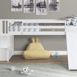 HomSof Twin Loft Bed with Slide Staircase Storage,Full-Length Safety Guardrails for Junior Boys Girls,No Box Spring Needed,White