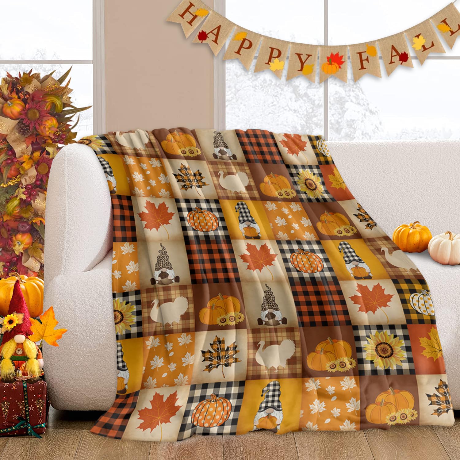 Chucoco Thanksgiving Blankets Fleece Throw Blanket 40x60In, Fall Pumpkin Maple Leaf Dwarf Soft Plush Flannel Blankets Vintage Check Lightweight Fuzzy Bed Throws for Couch/Sofa/Chair