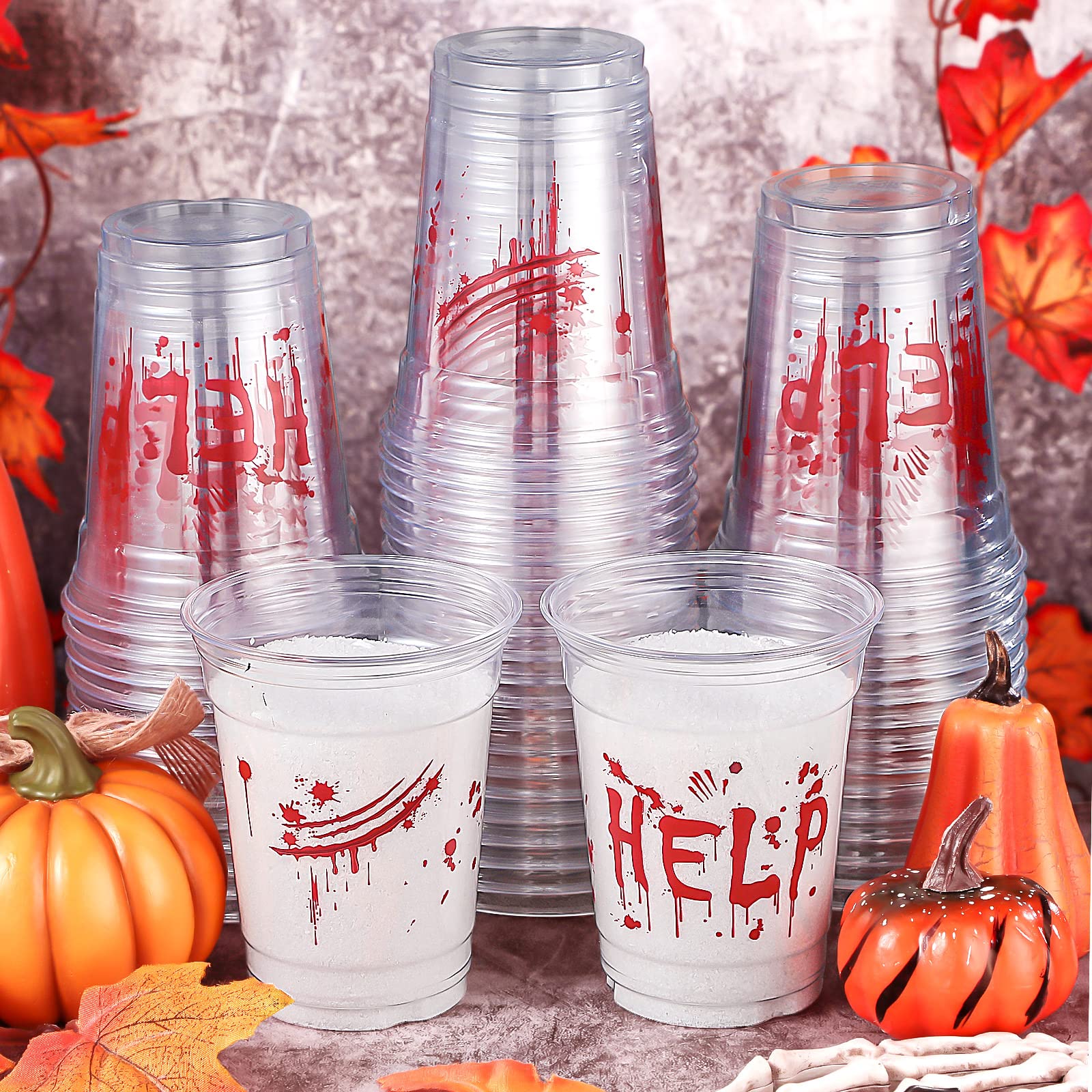 Meanplan 90 Pcs 12 oz Halloween Plastic Party Cups Disposable Clear Cups Scary Printed Party Cups Happy Halloween Cups for Liquor Coffee Juice and Hot Cold Drinks Party Supplies (Scary Style)