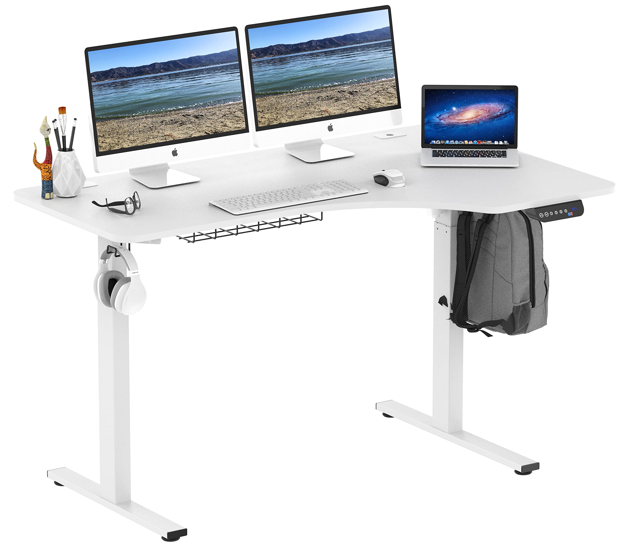 SHW 55-Inch L-Shaped Electric Height Adjustable L-Shaped Standing Desk with Right Facing Corner, White