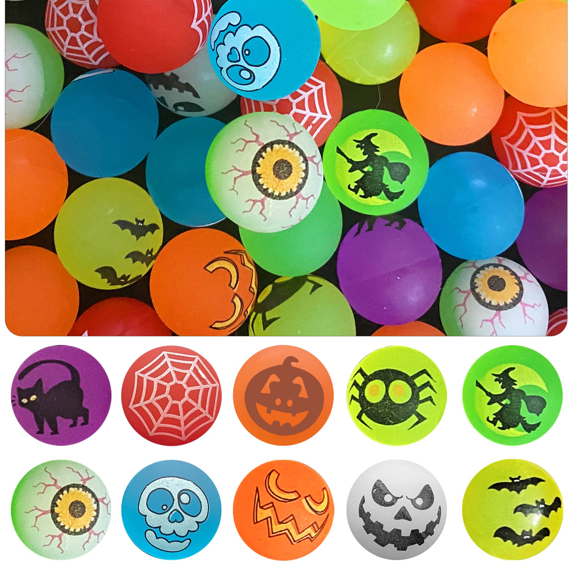 Taocco 100 Pieces Halloween Bouncing Balls,10 Halloween Theme Designs Glow in The Dark Bouncy Toys Balls,Halloween Party Favor Supplies,Classroom Game Rewards,Trick or Treat Party Bag Filler