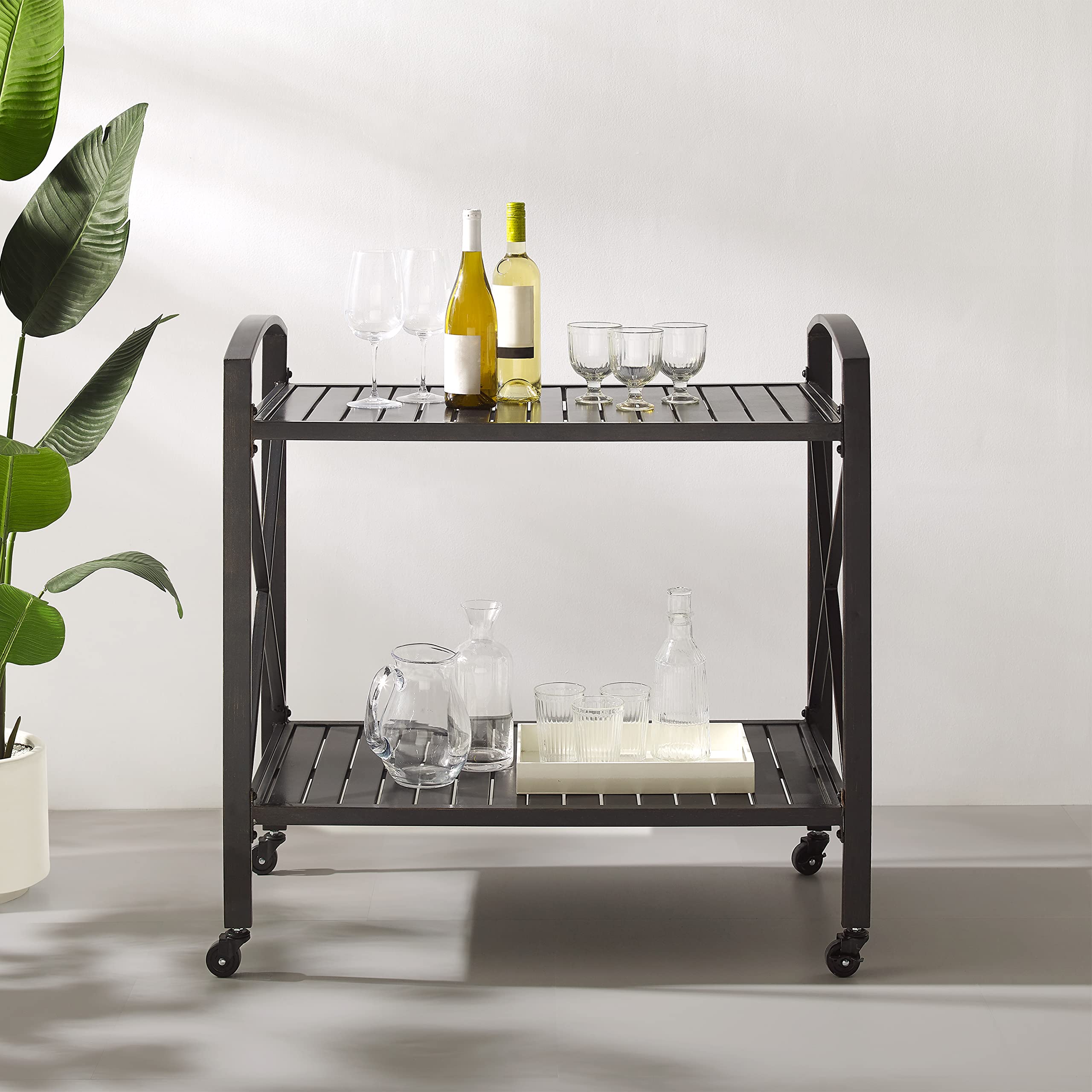 Crosley Furniture Kaplan Rolling Metal Outdoor Bar Cart for Backyard, Pool, Patio, Deck, Oil-Rubbed Bronze