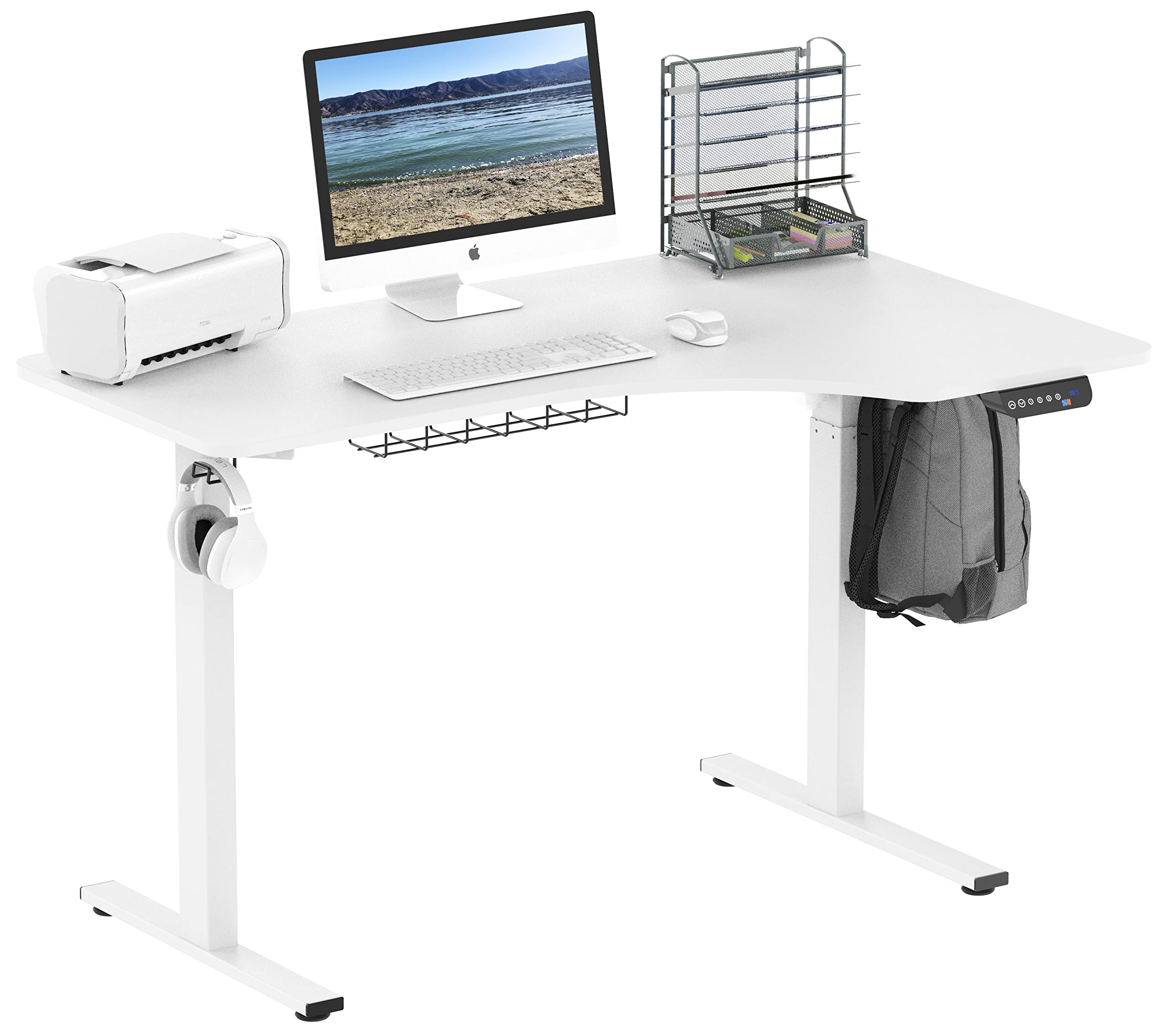 SHW 55-Inch L-Shaped Electric Height Adjustable L-Shaped Standing Desk with Right Facing Corner, White