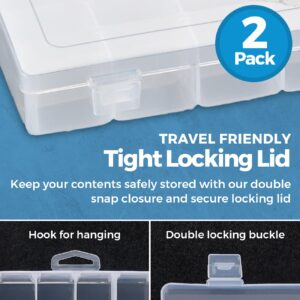 36 Grid Clear Plastic Organizer - Pack of 2- Bead Storage, Craft Organizer, DIY Small Parts Organizer, Jewelry Box, Fishing Tackle Box, Sewing, Nail Storage w/Adjustable Dividers & 5 Sticker Labels