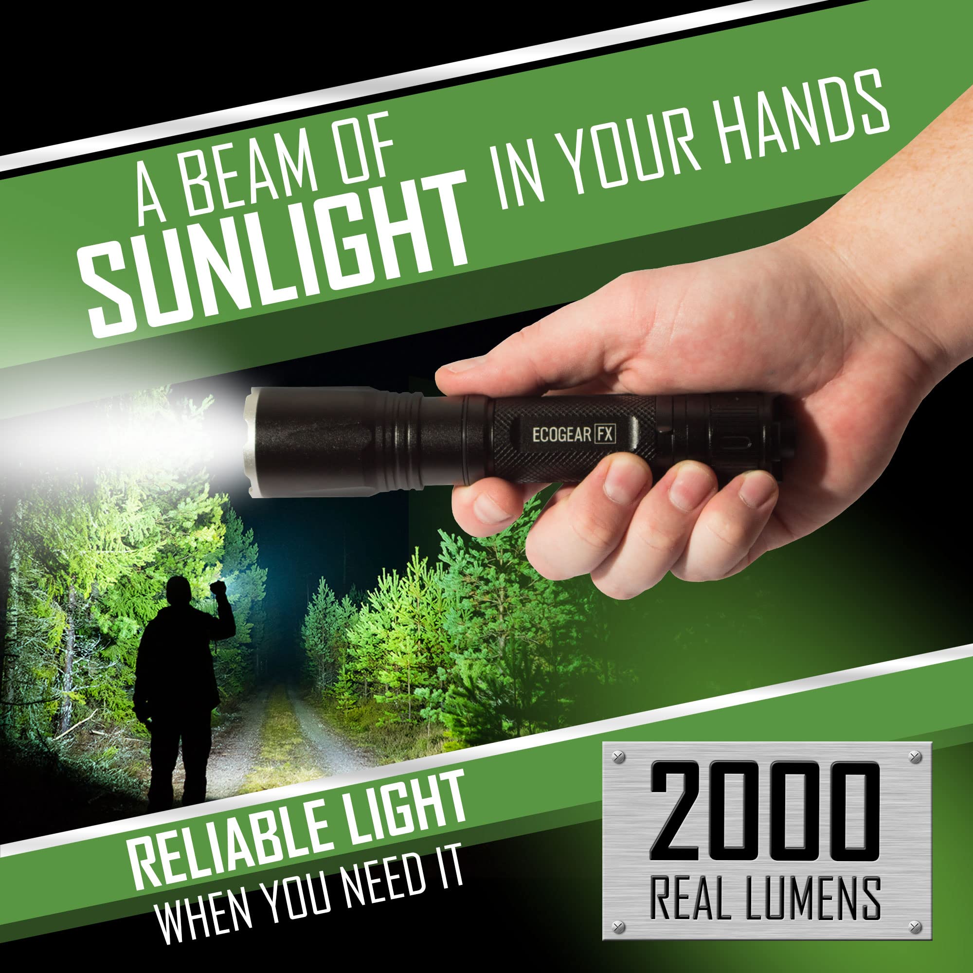 EcoGear FX TK2000 Tactical Flashlight Kit - Delivering 2000 Lumens Max, 3 Light Modes with Instant Strobe Light, Adjustable Focus Zoom, USB Rechargeable with a 5000mAh High Power Battery