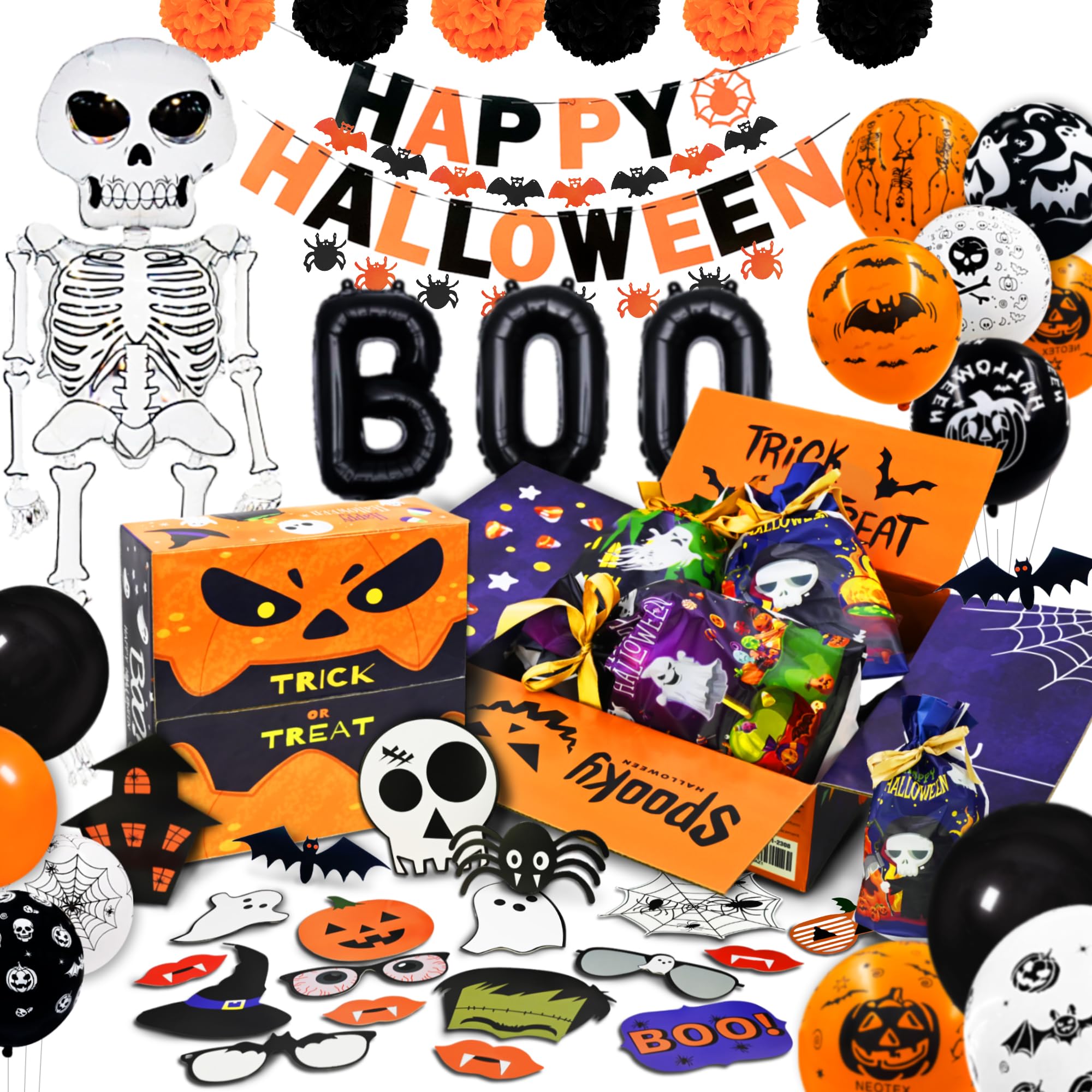 Party Spot! 120 Pcs Halloween Party Decorations, 5 Ft Jumbo Foil Balloon, Happy Halloween Banner, 60 pcs Balloons, Treat or Trick Goodie Bags, Spider Bat Banner,Foil Curtains, Halloween Party Supplies